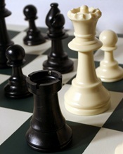 Chess pieces arrange in checkmate on a chessboard. 